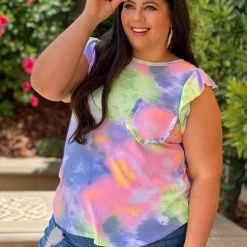Boutique Simplified New Arrivals Flutter By Tie Dye Ruffled Top