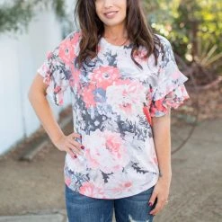 Boutique Simplified Coral Euphoria Ruffle Sleeve Top New Arrivals