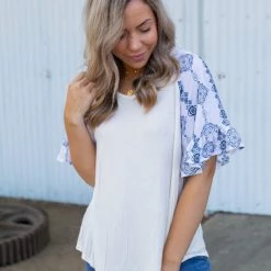 Boutique Simplified Royal Delft Ruffle Sleeve Top New Arrivals