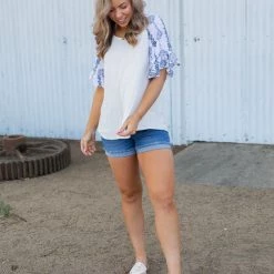 Boutique Simplified Royal Delft Ruffle Sleeve Top New Arrivals