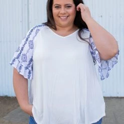 Boutique Simplified Royal Delft Ruffle Sleeve Top New Arrivals