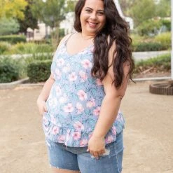 Boutique Simplified Periwinkle Blooms Ruffled Tank
