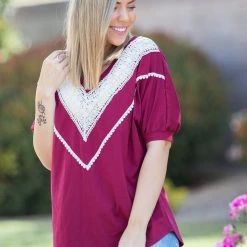 Boutique Simplified Pinot Noir Lace Trim Top