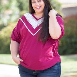 Boutique Simplified Pinot Noir Lace Trim Top