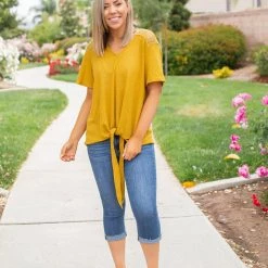 Boutique Simplified Spirited Front Tie Top In Mustard New Arrivals