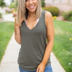 Boutique Simplified Oh Say Can You See Olive Sleeveless Top New Arrivals