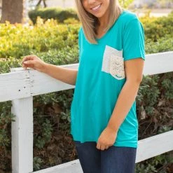 Boutique Simplified Turquoise & Lace Boyfriend Tee