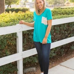 Boutique Simplified Turquoise & Lace Boyfriend Tee