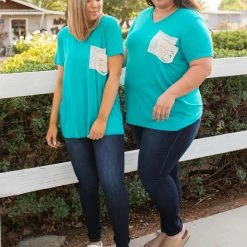 Boutique Simplified Turquoise & Lace Boyfriend Tee
