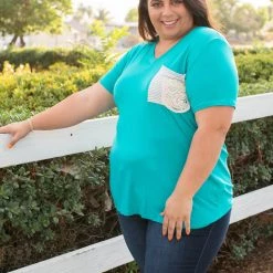 Boutique Simplified Turquoise & Lace Boyfriend Tee