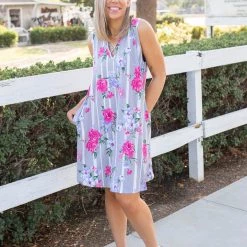 Boutique Simplified Floral Path Tunic Dress