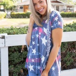 Boutique Simplified New Arrivals Patriotic Plaid Short Sleeve Hoodie