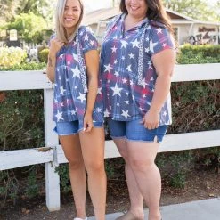 Boutique Simplified New Arrivals Patriotic Plaid Short Sleeve Hoodie