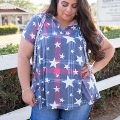 Boutique Simplified New Arrivals Patriotic Plaid Short Sleeve Hoodie