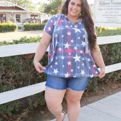 Boutique Simplified New Arrivals Patriotic Plaid Short Sleeve Hoodie