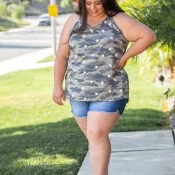 Boutique Simplified New Arrivals Decorated Camo Tank