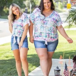 Boutique Simplified Aztec Tie Dye Front Knot Top