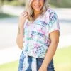 Boutique Simplified Aztec Tie Dye Front Knot Top