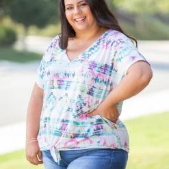 Boutique Simplified Aztec Tie Dye Front Knot Top