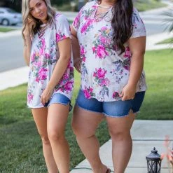 Boutique Simplified Peonies Criss Cross Top