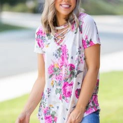 Boutique Simplified Peonies Criss Cross Top