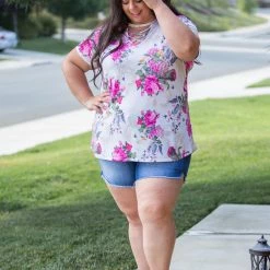 Boutique Simplified Peonies Criss Cross Top