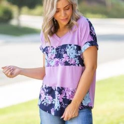 Boutique Simplified Purple Horizons Colorblock Top