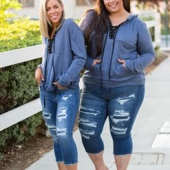 Boutique Simplified Chambray Lace Up Hoodie