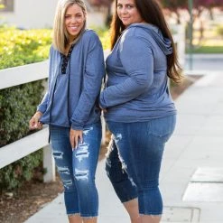 Boutique Simplified Chambray Lace Up Hoodie