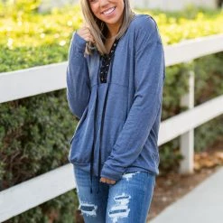 Boutique Simplified Chambray Lace Up Hoodie