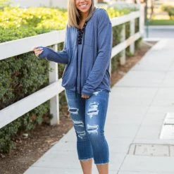Boutique Simplified Chambray Lace Up Hoodie
