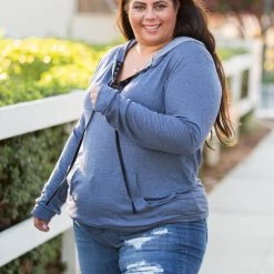 Boutique Simplified Chambray Lace Up Hoodie