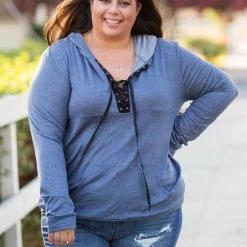 Boutique Simplified Chambray Lace Up Hoodie