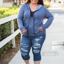 Boutique Simplified Chambray Lace Up Hoodie