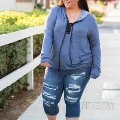 Boutique Simplified Chambray Lace Up Hoodie