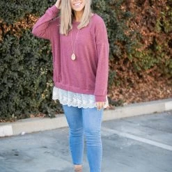 Boutique Simplified Ruffled In Burgundy Long Sleeve Pullover