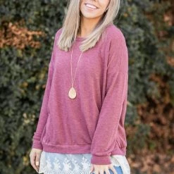 Boutique Simplified Ruffled In Burgundy Long Sleeve Pullover