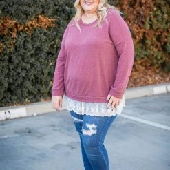 Boutique Simplified Ruffled In Burgundy Long Sleeve Pullover