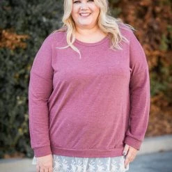 Boutique Simplified Ruffled In Burgundy Long Sleeve Pullover