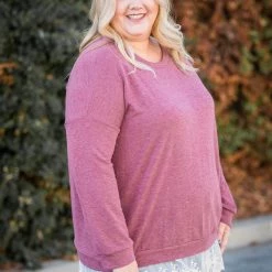 Boutique Simplified Ruffled In Burgundy Long Sleeve Pullover