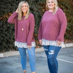 Boutique Simplified Ruffled In Burgundy Long Sleeve Pullover