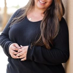 Boutique Simplified Lustful Waffle Knit Black Top New Arrivals