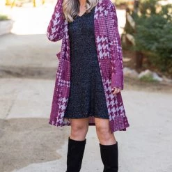 Boutique Simplified Burgundy Houndstooth Sweater Cardigan New Arrivals