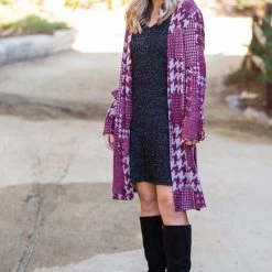 Boutique Simplified Burgundy Houndstooth Sweater Cardigan New Arrivals