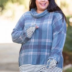 Boutique Simplified Teal Me About It Plaid Thumbhole Tunic New Arrivals