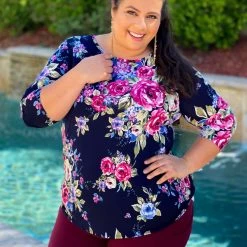 Boutique Simplified Floral Ruffles And Lace 3/4 Sleeve Top New Arrivals