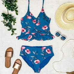 Iris & Rainbow Boutique New Arrivals #J160 Bottom Blue Waters Floral Peplum Swimsuit