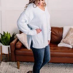 No Ship Drop Ship New Arrivals Over The Top V-Neck Sweater In Icy Blue