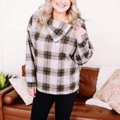 No Ship Drop Ship Checking It Twice Olive & Pink Cowl Neck Top