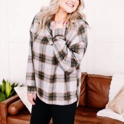 No Ship Drop Ship Checking It Twice Olive & Pink Cowl Neck Top